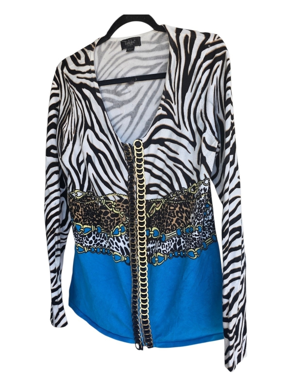 Bold Zebra-Print Zip Sweater with Blue Panel Size Large